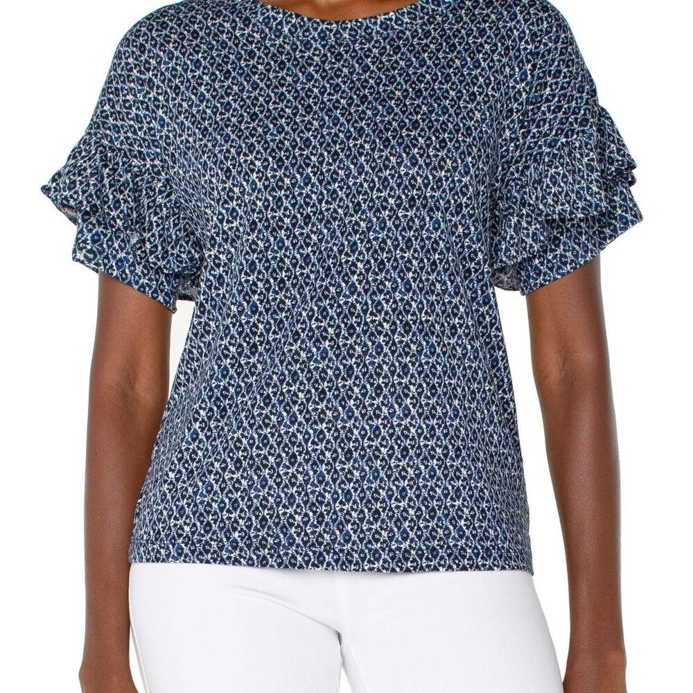 NWT..LIVERPOOL PETITE 1/2 SLEEVE DROP SHOULDER WITH RUFFLE Size LP / NAVY CREAM